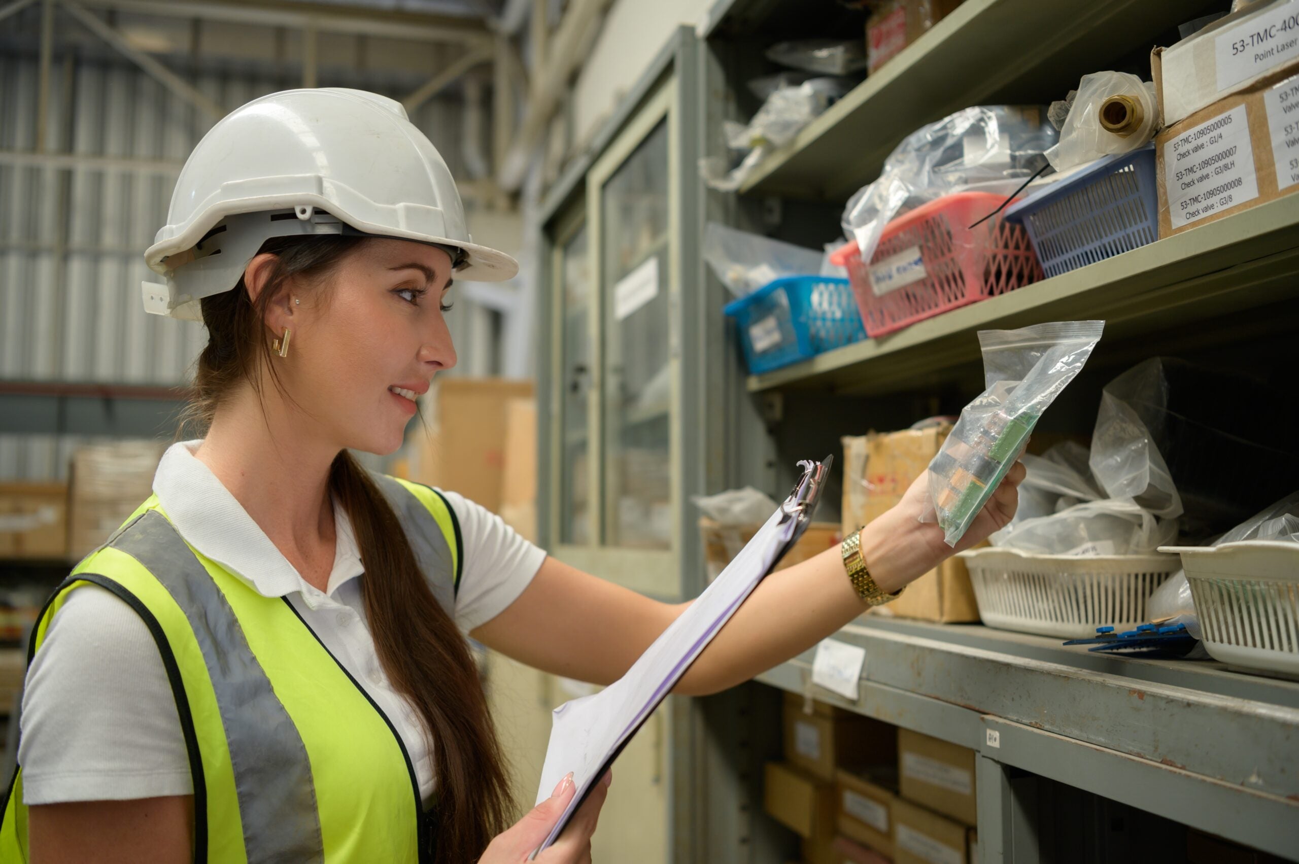 Female worker in a electronic components warehouse